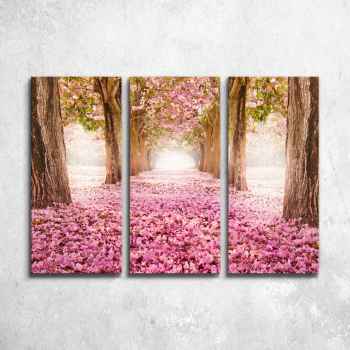 Ρομαντικό μονοπάτι με ροζ λουλούδια - Τρίπτυχος πίνακας