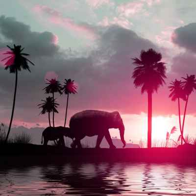 Οικογένεια απο ελέφαντες περπατάνε στο ηλιοβασίλεμα